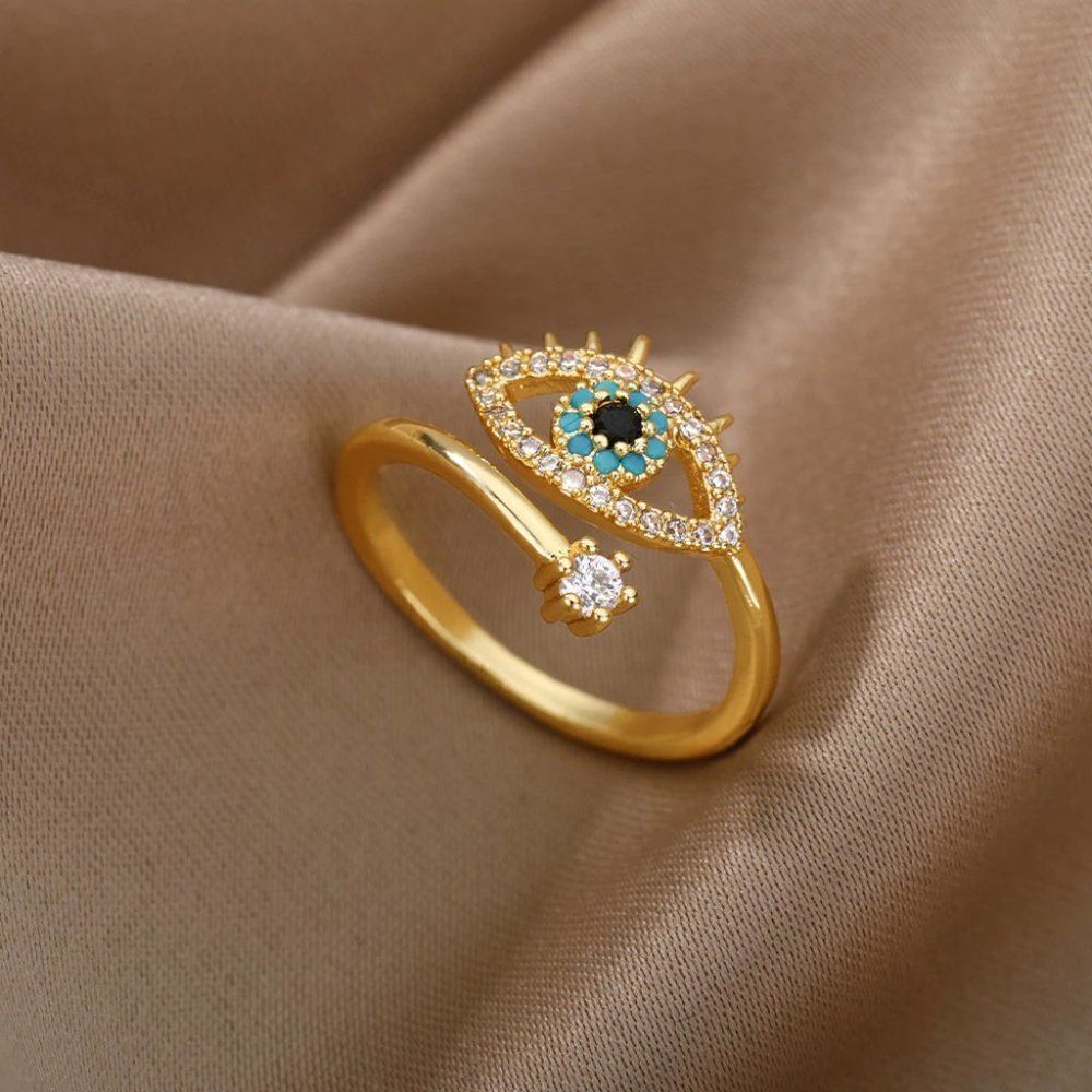 Lucky Evil Eye Adjustable Gold Ring‎